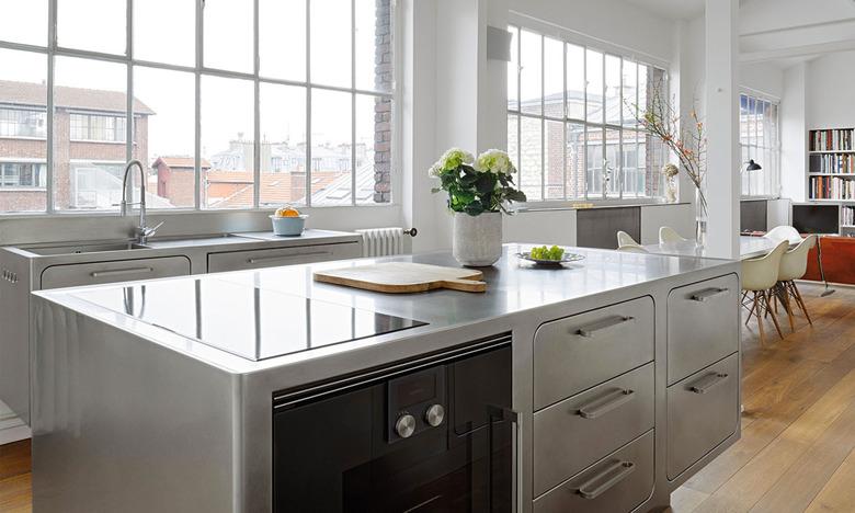 minimalist kitchen with stainless steel cabinets