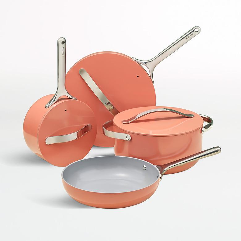 peach colored Ceramic Pots and Pans Set from crate and barrel