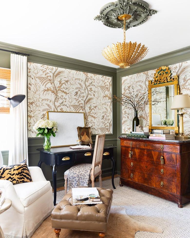 brass chandelier in opulent vintage inspired office