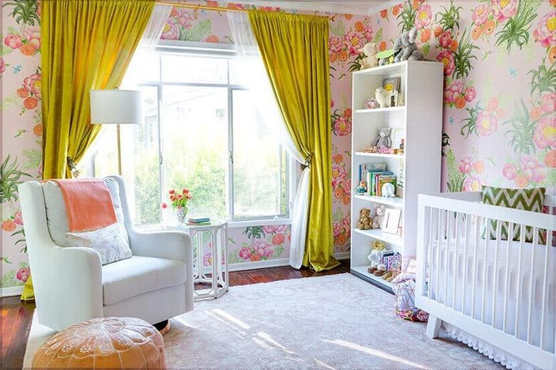 nursery with chartreuse drapery panels