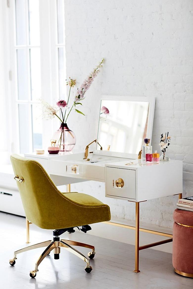 chartreuse color idea in white study with vanity and chartreuse chair