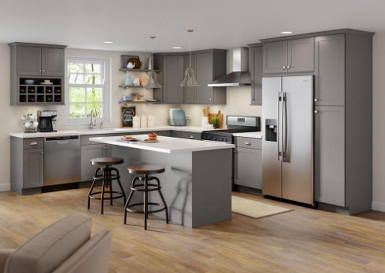 kitchen space with gray cabinets