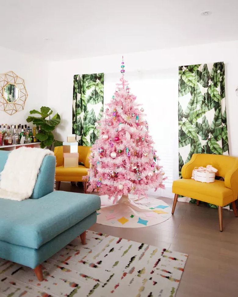 pink vintage christmas tree with midcentury living room