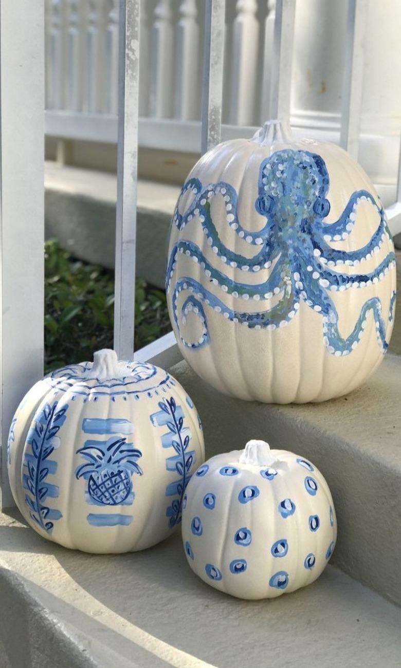 Coastal style blue and white pumpkins with an octopus and coastal details