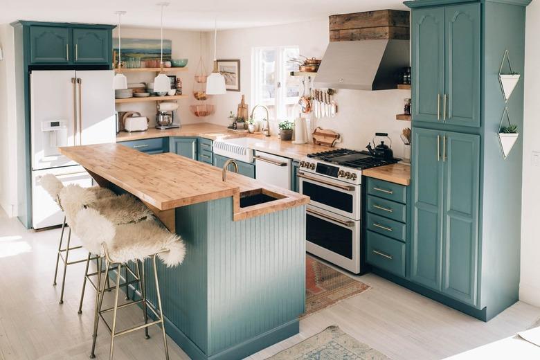 Farmhouse kitchen with blue cabinets