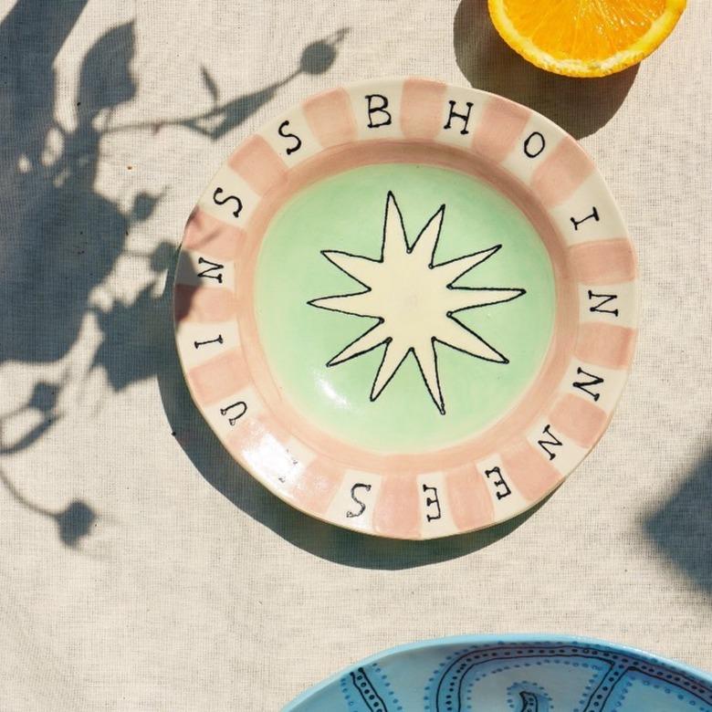 Contemporary Ceramics pink and mint plate with hand drawn illustration