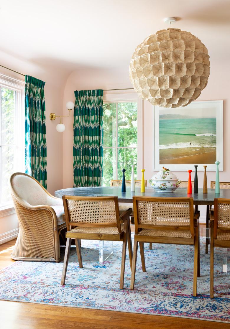 Contemporary Window Treatments Green patterned drapes in a dining room designed by Mary Patton Design