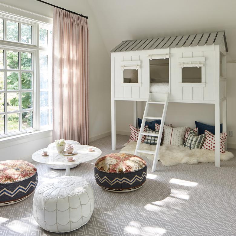 Contemporary Window Treatments Sheer pink curtains in a playroom designed by Mel Bean Interiors