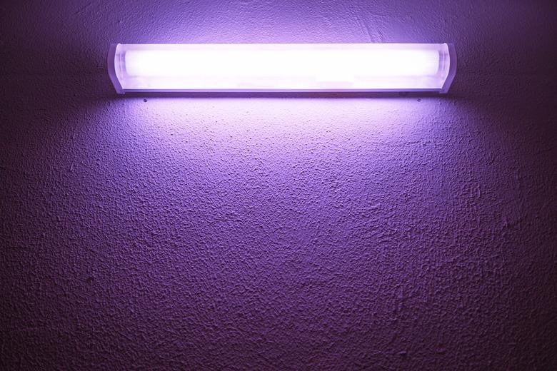 Germicidal ultraviolet lamp glows on a rough wall.