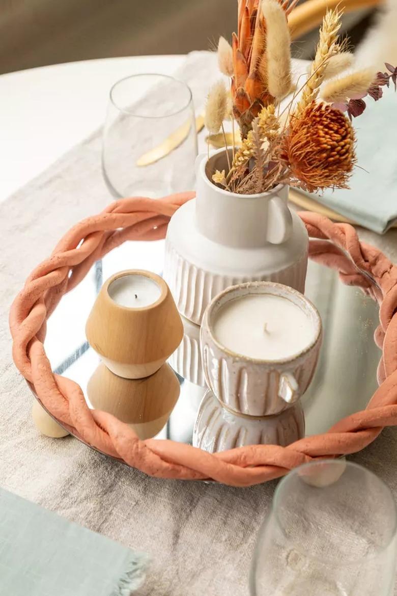 diy mirror tray centerpiece with braided frame