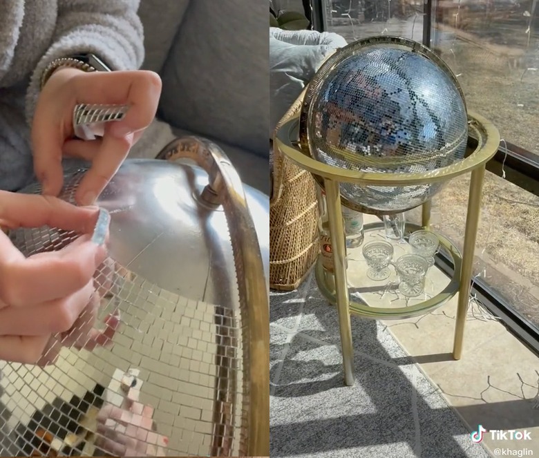 Split screen image of hands covering a ball in small mirrors on the left and a wide shot of a disco ball globe bar cart on the right