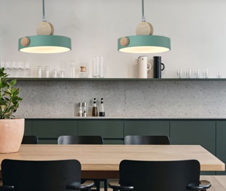 Green metal drum pendant lights.