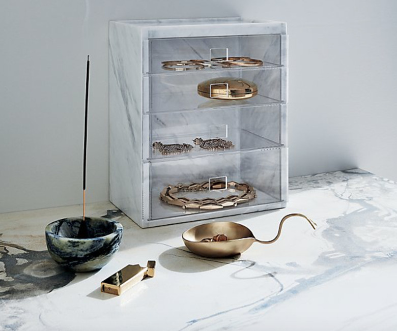 Earring Storage with Marble jewelry organizer with clear drawers, brass bowl, marble incense burner.