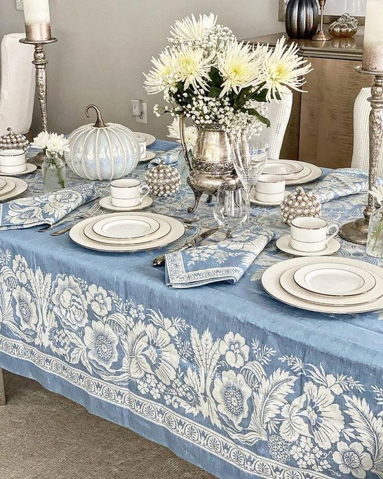 blue, white, and silver fall tablescape