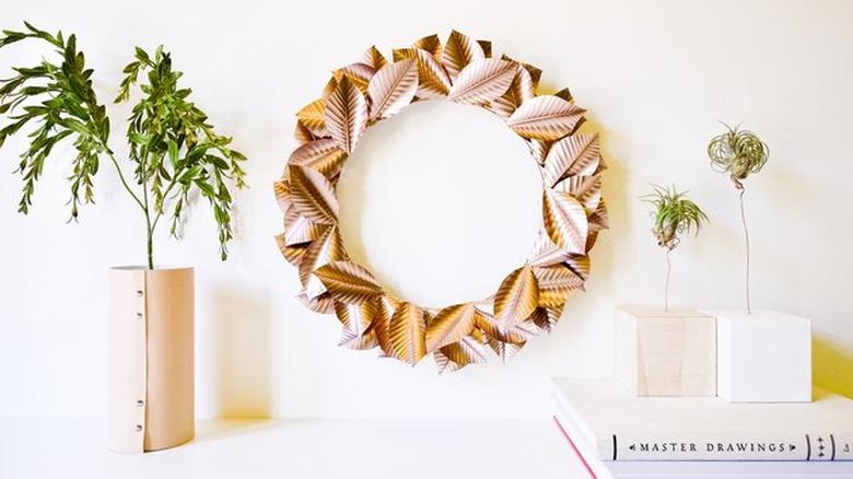 fall wreath made with rose gold metal sheets