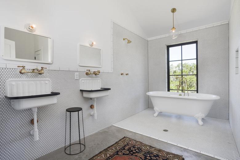 modern farmhouse bathroom with double trough Farmhouse Bathroom Sinks