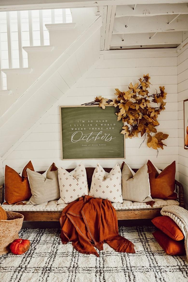 under the stairway nook with farmhouse fall decor