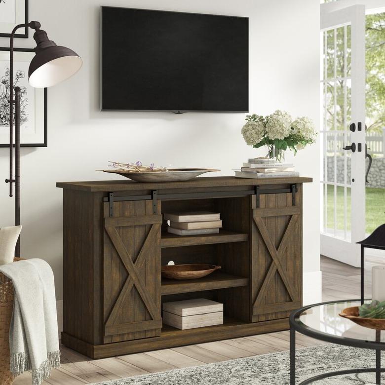 farmhouse media console with sliding barn doors