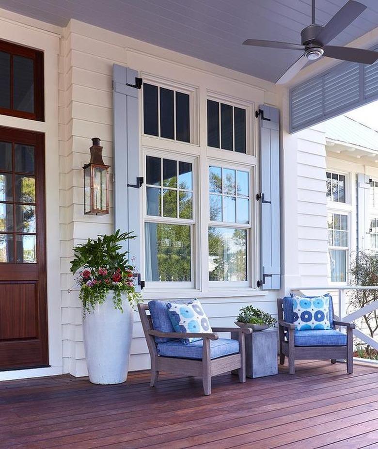 porch with purple shutters