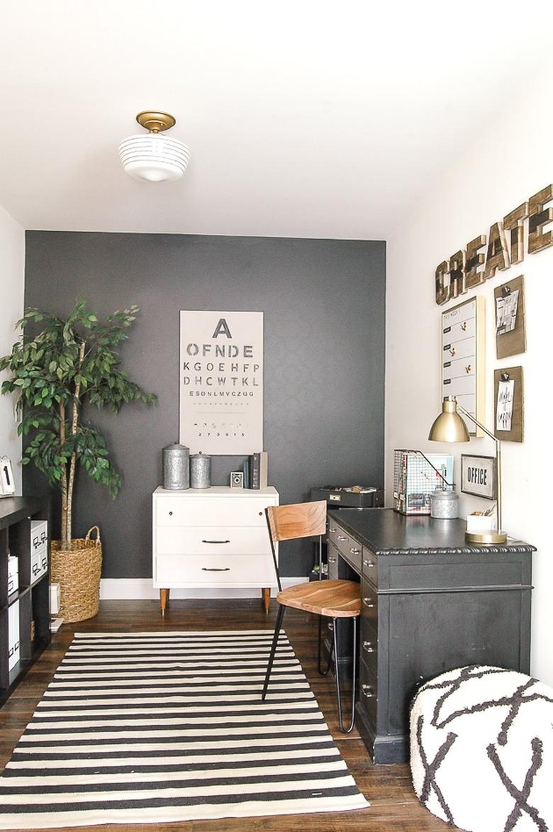 gray and white farmhouse office with glass flush mount light