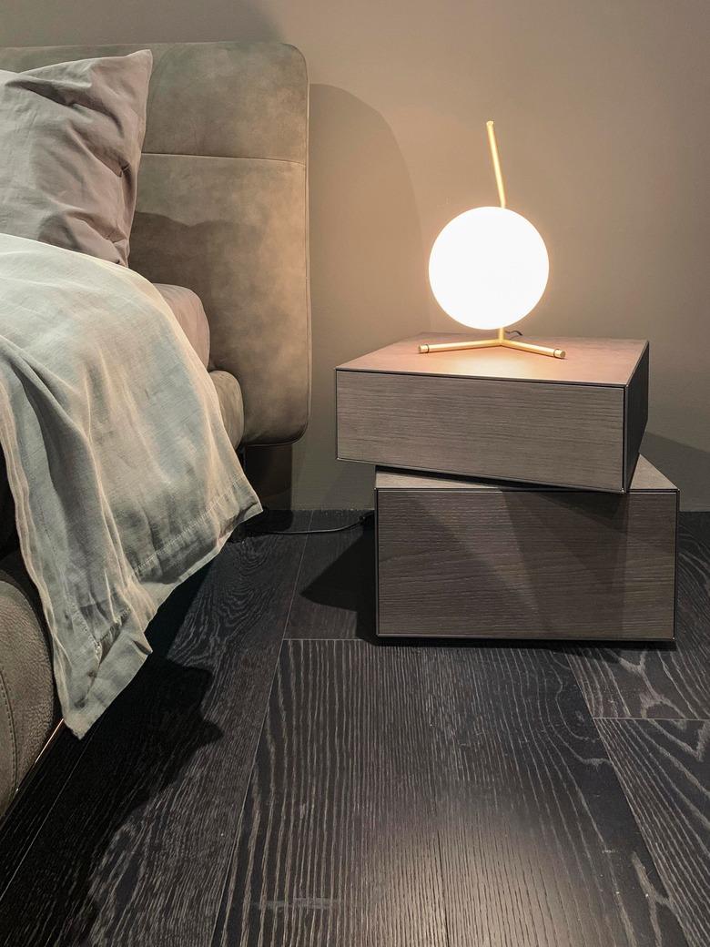 black hardwood floor colors in minimal bedroom with taupe bedding