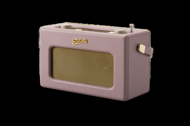 A blush pink Revival iStream 3L radio with gold fixtures.