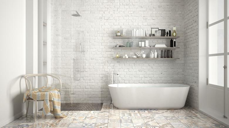 Scandinavian bathroom, classic white vintage interior design