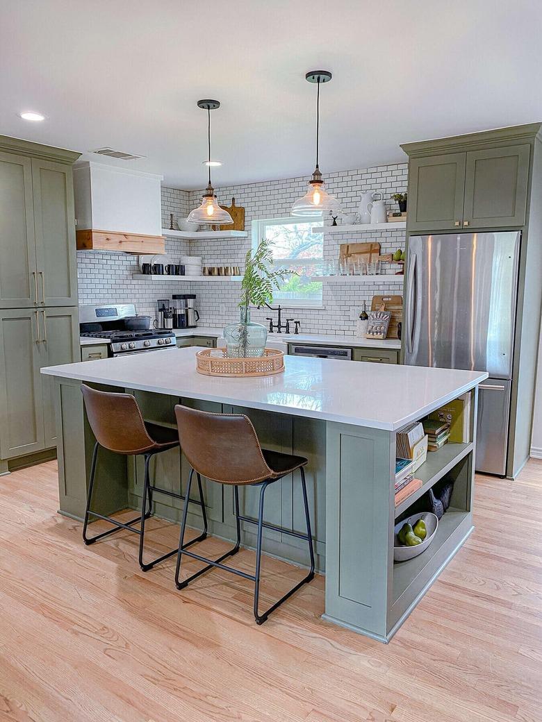 rustic kitchen green painted cabinets