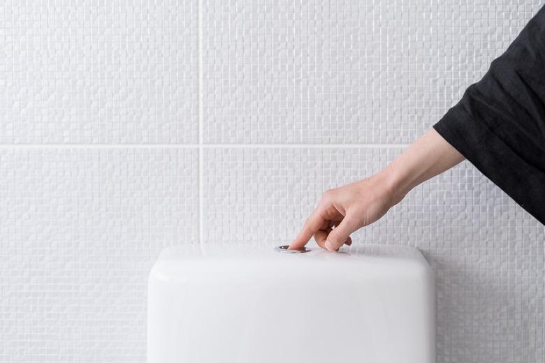 Woman's hand pushing button and flushing toilet