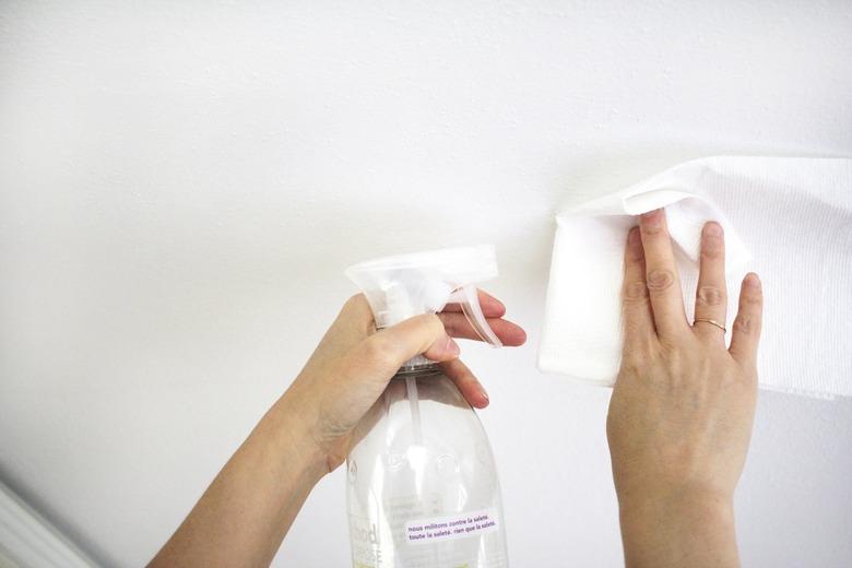 cleaning a spot on the ceiling with a spray bottle and rag