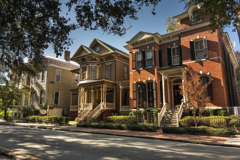 Old classical homes on a Savannah Georgia USA road