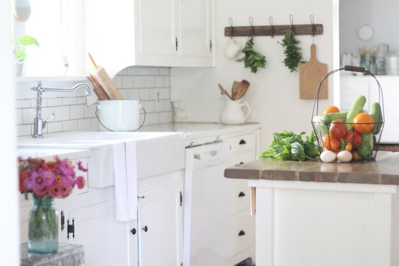 wood-topped island, quartz counters