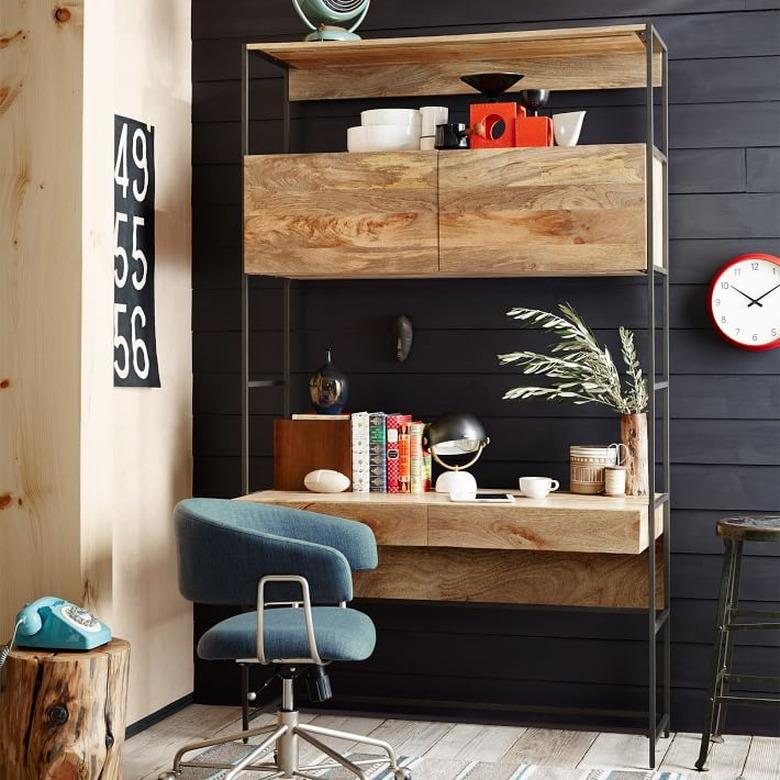 industrial office idea with wood and steel modular desk