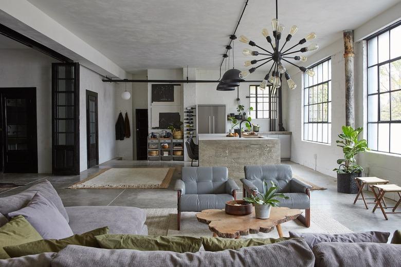 industrial style apartment living area with soothing color palette