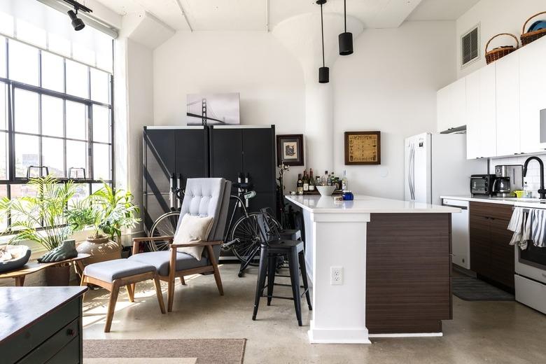 industrial style apartment living room and kitchen