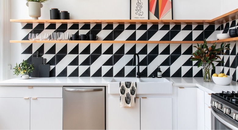 black and white geometric tile backsplash