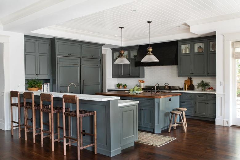 kitchen with gray cabinets and dark wood floors