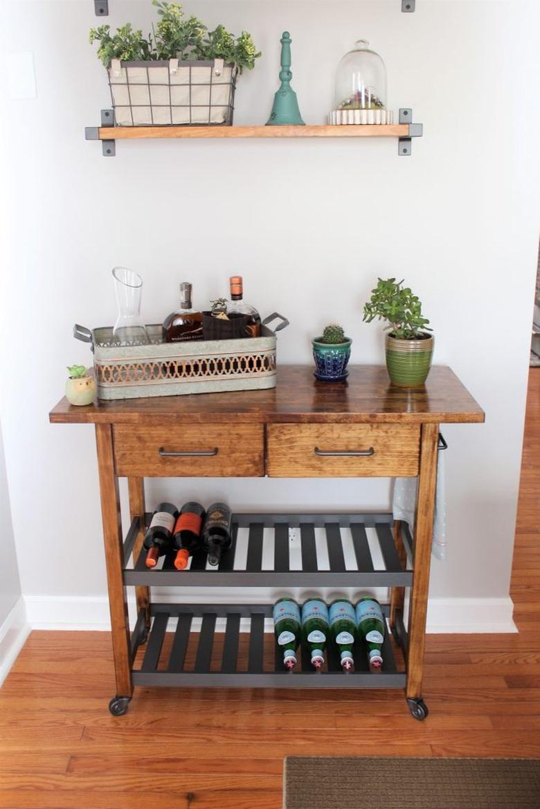 IKEA wood kitchen cart with farmhouse decor