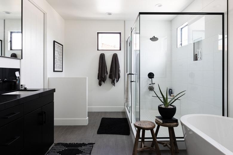 Black and white shower and bathroom