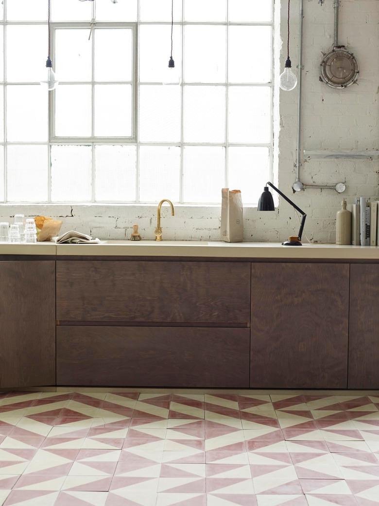 dusty pink geometric Mexican tile floor in kitchen