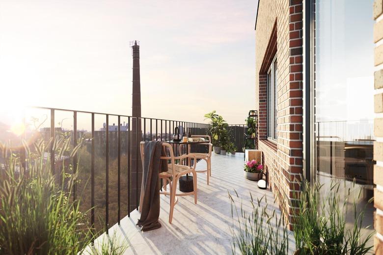 long minimalist balcony idea with table and plants