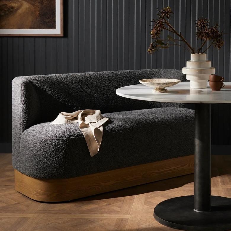 gray boucle dining bench in dining room