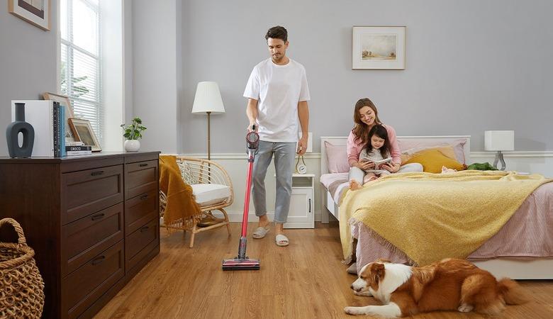 family vacuuming