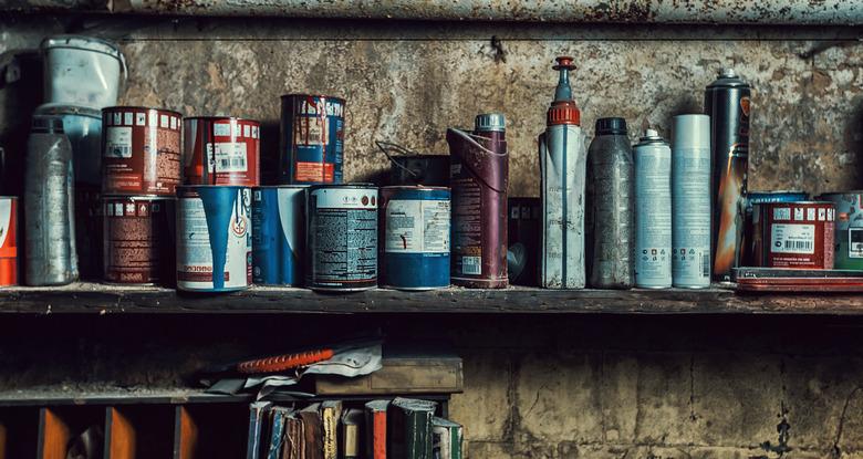 paint cans on the shelves