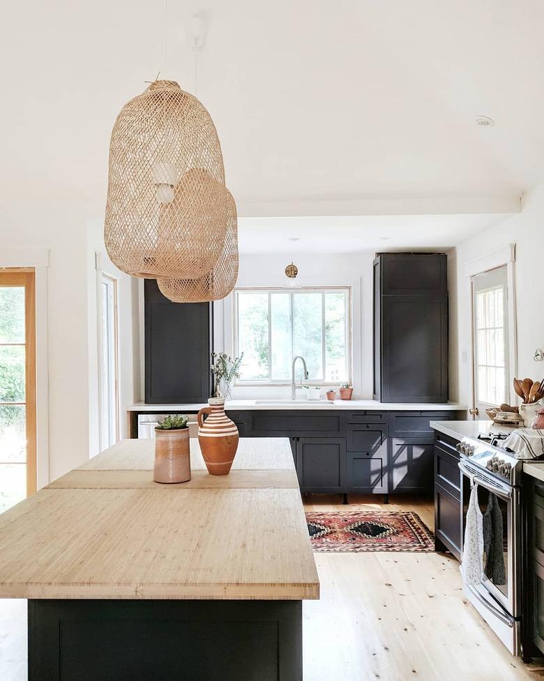 woven pendants over island bohemian kitchen lighting