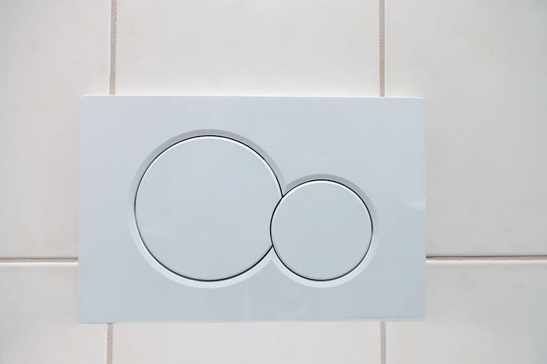 White dual buttons of flush toilet bowl in bathroom