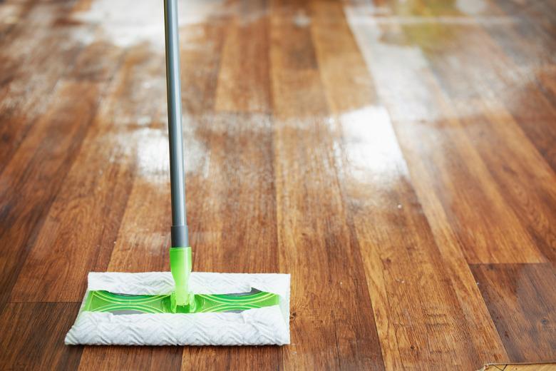 Closeup on mop and damp hardwood floor.