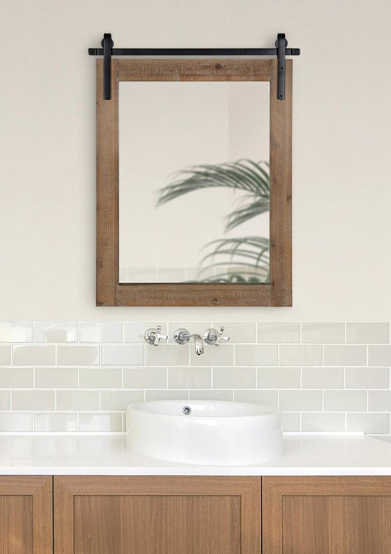 Rectangular mirror with wood border and iron hardware