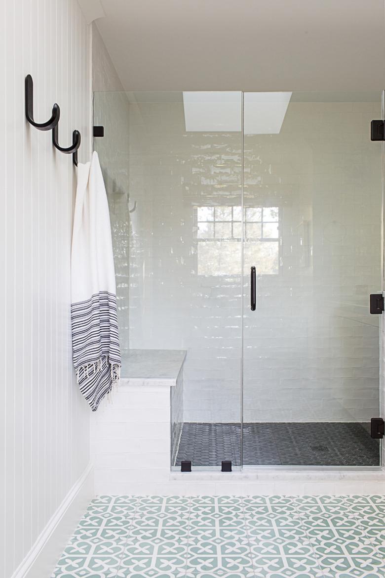 modern shower idea with matte black hardware and cement tile in modern bathroom shower