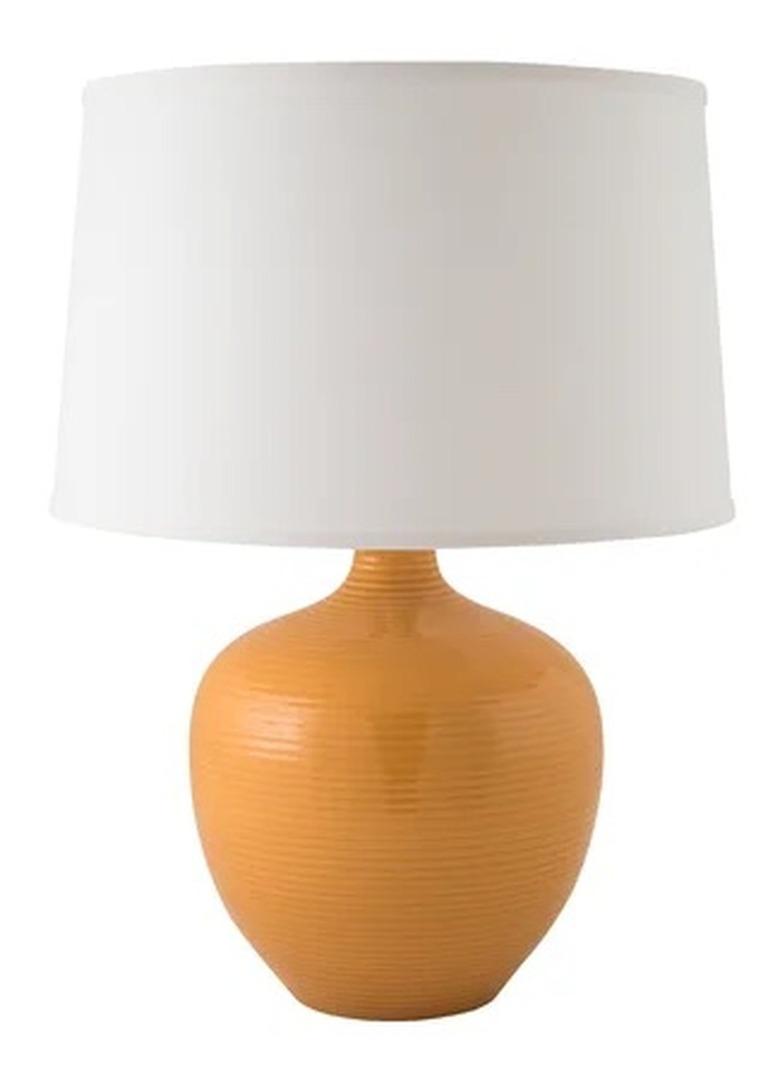 Table lamp with white shade and light nutmeg base